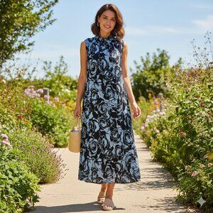 Chico's Black Label Crinkle Floral High Neck Sleeveless Dress Size 8 Black Blue